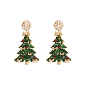 Christmas tree drop earrings with colorful rhinestones, imitation pearls and green glitter finish