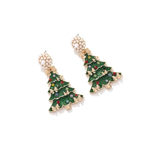 Christmas tree drop earrings with colorful rhinestones, green glitter, and pearl bow detail