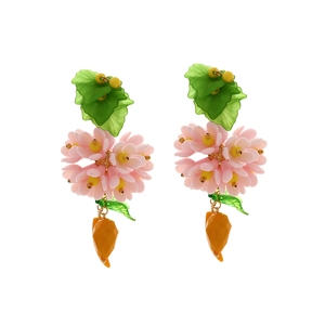 Boucles D'oreilles Pendantes Fleurs Fruits En Résine Fait Main Crochet Alliage Style Forêt Douce Pendentifs Carotte Bijoux Femmes