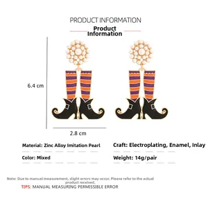 Detail view of Halloween wizard boot earrings with pearls and size specs 6.4x2.8cm
