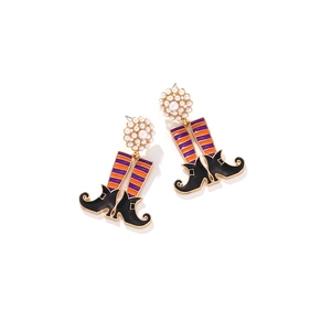 Halloween wizard boot earrings with purple stripes, pearls and gold-plated alloy