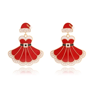 Boucles D'oreilles Pendantes Chapeau De Noël Et Robe Rouge Alliage Émail Künstliche Perles Bijoux Festifs Pour Femmes