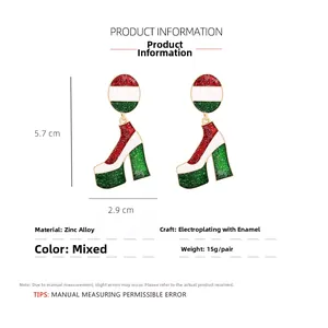Detail view of high heel earrings with green, white, and red enamel stripes