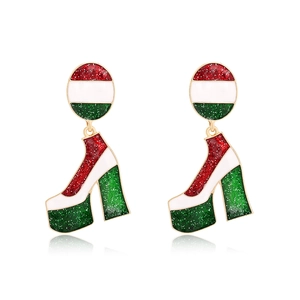 High Heel Boot Drop Earrings Alloy Enamel Glitter Red White Green Striped Christmas Holiday Jewelry For Women
