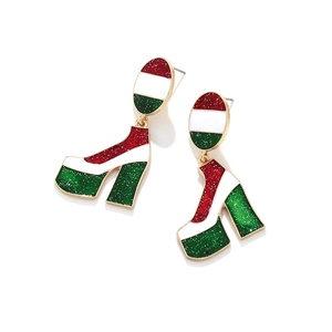 Fashionable high heel dangle earrings with red, white and green glitter enamel stripes