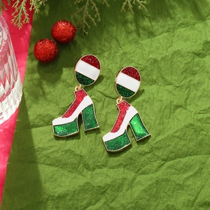 Christmas high heel boot earrings with red green enamel glitter and gold plating