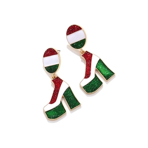 Fashionable high heel boot dangle earrings with red white green stripes and glitter