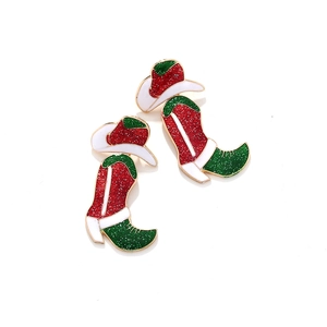 Glittery Christmas cowboy hat and boot drop earrings in festive red and green enamel