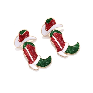 Western cowboy hat and boot Christmas earrings with red green glitter and gold plating