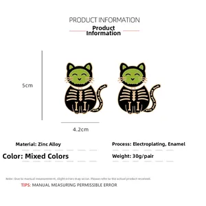 Detailed view of skeleton black cat enamel earrings with precise size dimensions