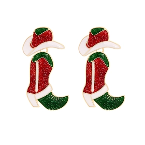 Western cowboy hat and boot earrings in festive red and green glitter with gold accents
