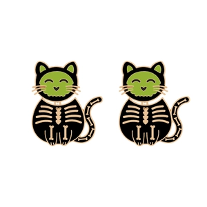 Cute black enamel black cat earrings with skeleton heart pattern for Halloween style