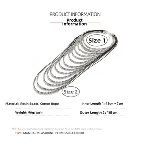 Detailed size and material chart for multilayer beaded necklace with silver resin beads