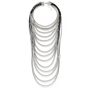 Multilayer Beaded Waterfall Necklace Silver Metallic Beads Black Cord Statement Bohemian Fringe Adjustable Long Jewelry Women