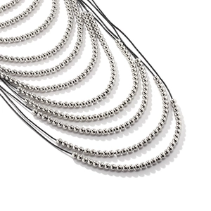 Handmade multi-layer silver beaded waterfall necklace with black woven cords for women