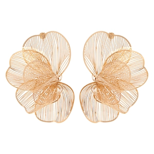 Statement gold hollow metal flower earrings with 3D layered petal design on white background