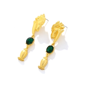 Vintage gold horse head earrings with deep green oval gemstones and long drop pendants