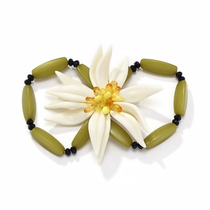 Bohemian multilayer beaded bracelet with large white 3D flower and olive green beads