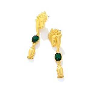 Vintage long horse head earrings with green crystal pendant in antique gold finish