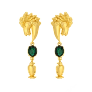 Retro horse head pendant earrings with green crystal inlay and bird charm ornaments