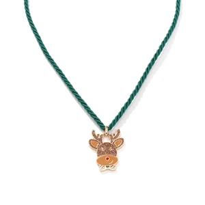 Collier de Noël cerf renne avec cordon tressé vert et détail nœud papillon rouge