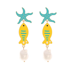 Orecchini Pendenti in Lega Vintage Smalto Stella Marina Pesce Tropicale Con Perla Sintetica Gioielli Animali Marini Donna