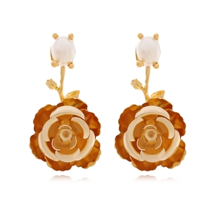 Rose Flower Drop Earrings Zinc Alloy Faux Artificial Pearl Vintage French Style Elegant Floral Studs For Women