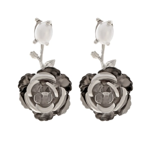 Elegant silver earrings featuring white pearls and detailed 3D black rose flower charms