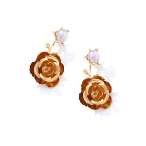 Golden camellia flower earrings with faux pearl studs in vintage metallic design