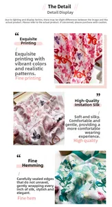 Detail of premium silk scarf showing vibrant floral patterns and exquisite rolled edges