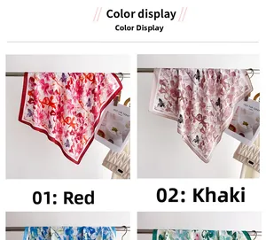 Floral and butterfly print silk scarves displayed in red, khaki, blue and green colors