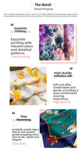 Close-up of elegant floral print patterns and fine hem detail on the silk square scarf