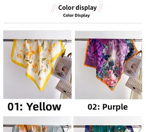Detail of silk-feel floral square scarves in yellow and purple with vintage prints