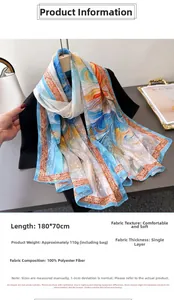 Detail of printed floral scarf showing 180x70cm size and soft translucent fabric texture