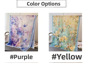 Detail view of purple and yellow floral printed scarves with elegant silk satin finish