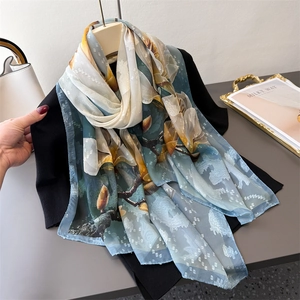 Floral print chiffon scarf with yellow magnolia blossoms and square jacquard texture