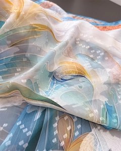 Detail of floral silk scarf featuring square jacquard texture and rolled edge finish