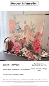 Détail d'un foulard en soie avec pivoines et papillons, châle en polyester de 180x70cm