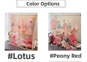 Détails de foulards à imprimé floral avec motifs de lotus et pivoines en mousseline
