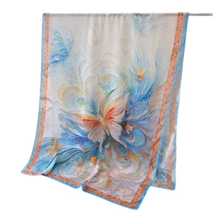 Elegant floral print long silk scarf for women featuring abstract butterfly patterns