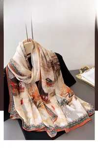 Detail of thin chiffon scarf with traditional Chinese landscape print and orange borders
