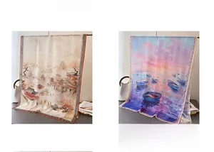 Detail view of coffee and purple printed scarves featuring mountain and sunset artwork