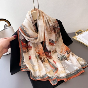 Women Long Scarf Shawl Polyester Satin Texture Traditional Chinese Architecture Oil Painting Print Sun Protection Wrap