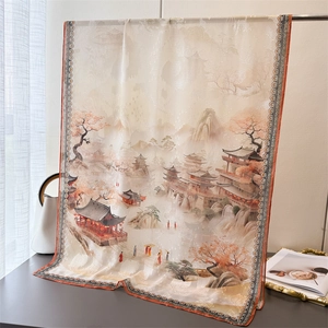 Detail of traditional Chinese ink landscape print on premium silk shawl with floral borders