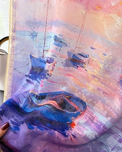 Detail of artistic oil painting scarf with impressionist boats and lace borders
