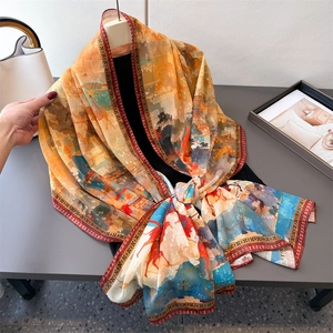 Artistic desert landscape print silk scarf with warm orange and blue oil painting style