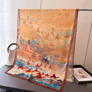 Detail of Silk Road themed scarf showing camel caravan print and premium silk texture