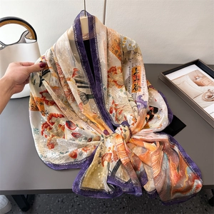 Elegant vintage silk scarf with traditional calligraphy and floral prints for sun protection