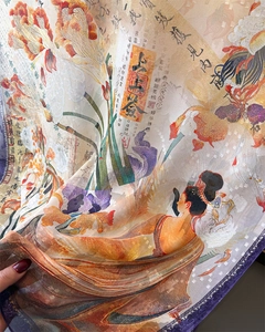 Detail of silk scarf showing Chinese peony floral pattern and elegant lady design