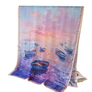 Impressionist oil painting style silk scarf with sunset sea and sailboat print